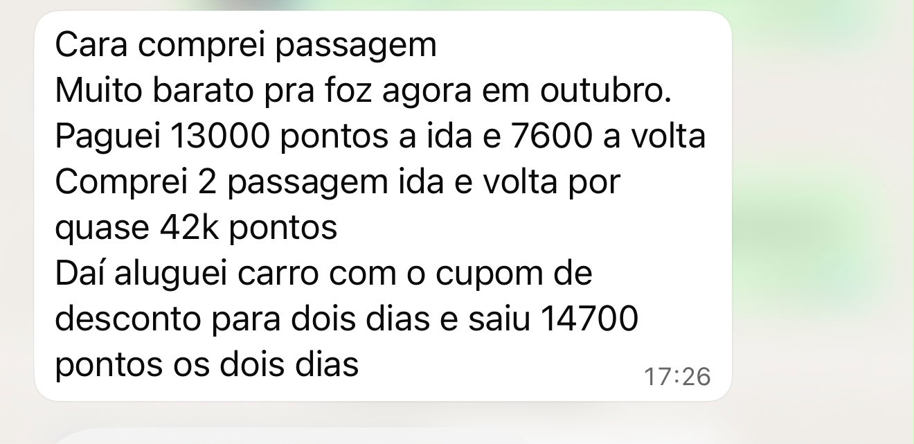 Membro comprou duas passagens ida e volta para Foz por cerca de 42 mil pontos